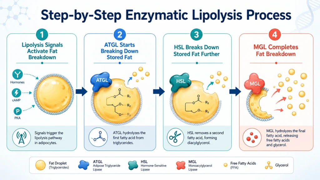 Learn the step-by-step enzymatic lipolysis process.