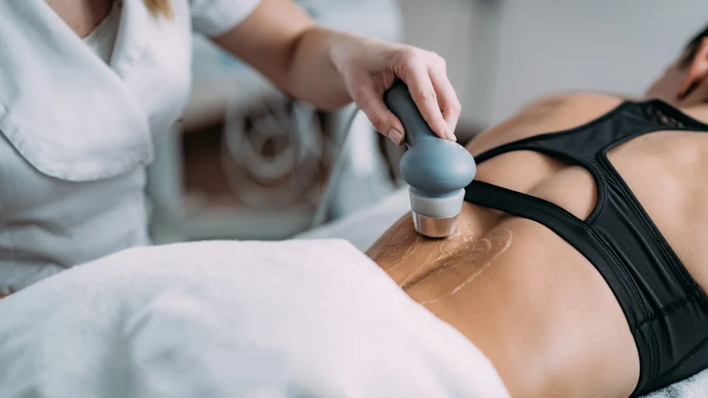 Preparing for ultrasound lipolysis treatment.